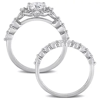 Lab Created Moissanite Halo Bridal Ring Set Sterling Silver