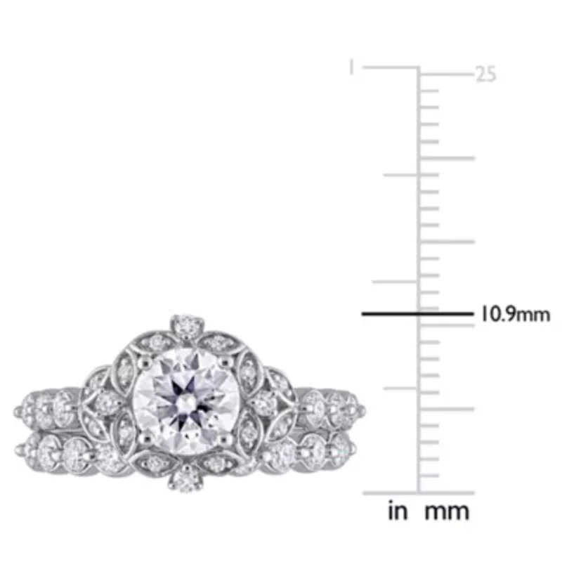 Lab Created Moissanite Halo Bridal Ring Set Sterling Silver
