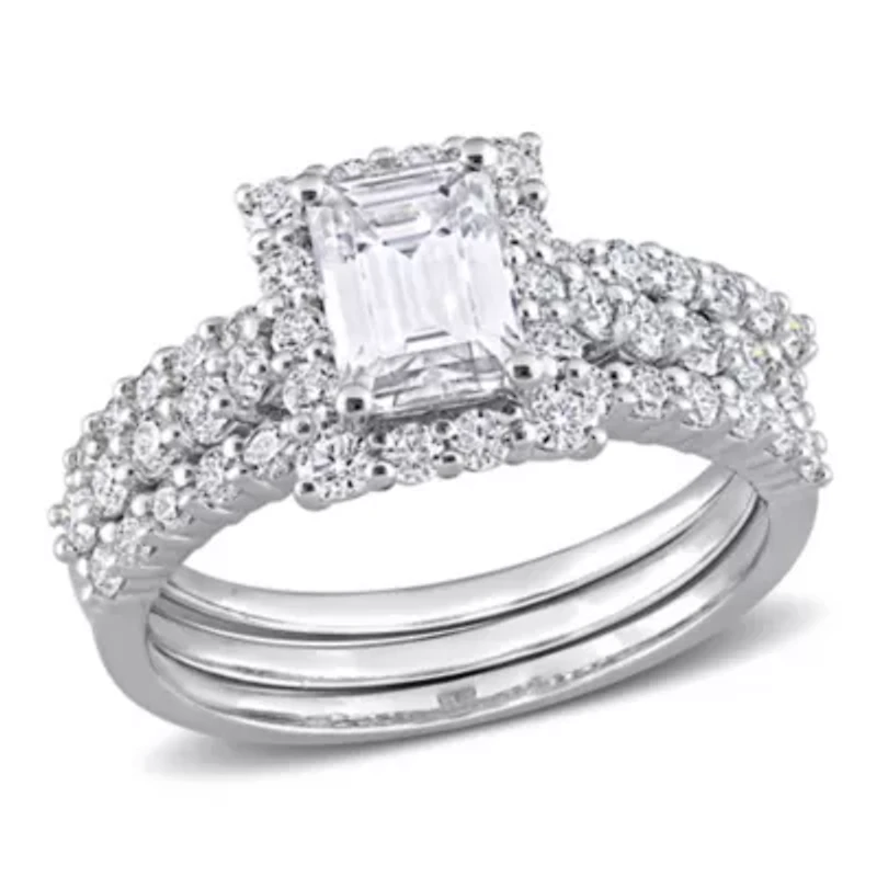 Lab Created Moissanite Square Halo Bridal Ring Set Sterling Silver