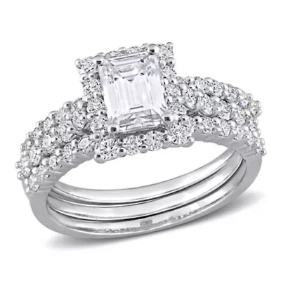 Lab Created Moissanite Square Halo Bridal Ring Set Sterling Silver