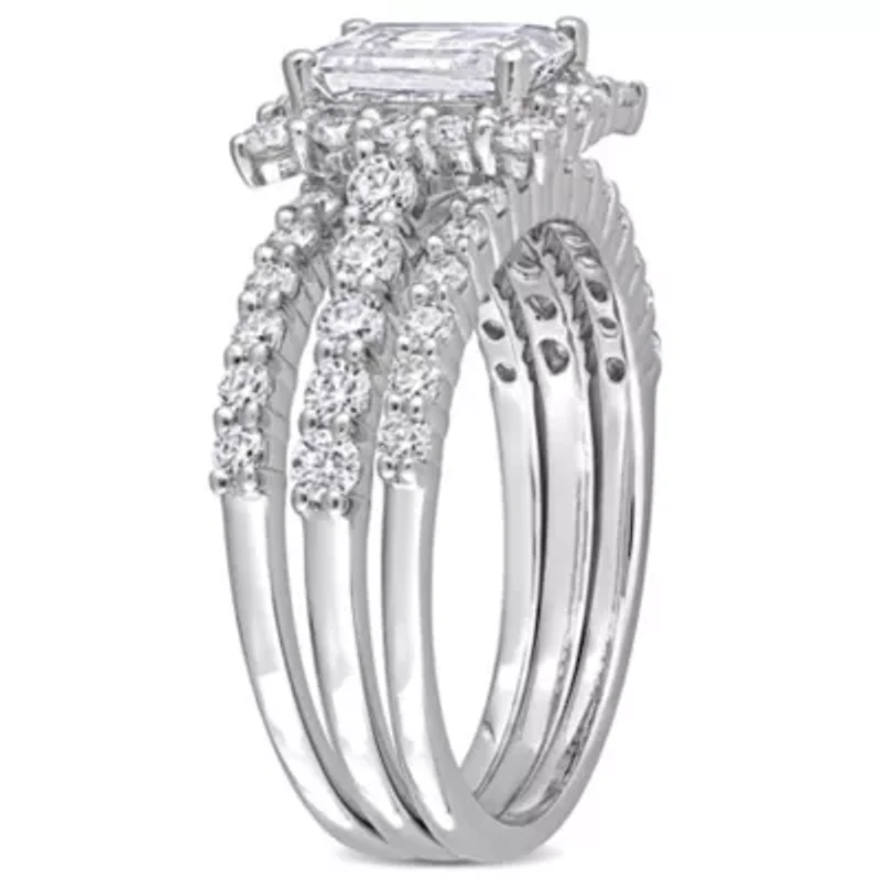 Lab Created Moissanite Square Halo Bridal Ring Set Sterling Silver