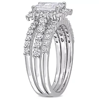 Lab Created Moissanite Square Halo Bridal Ring Set Sterling Silver