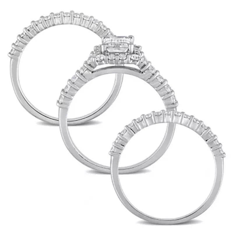 Lab Created Moissanite Square Halo Bridal Ring Set Sterling Silver