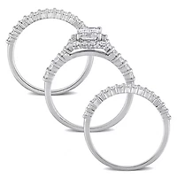 Lab Created Moissanite Square Halo Bridal Ring Set Sterling Silver
