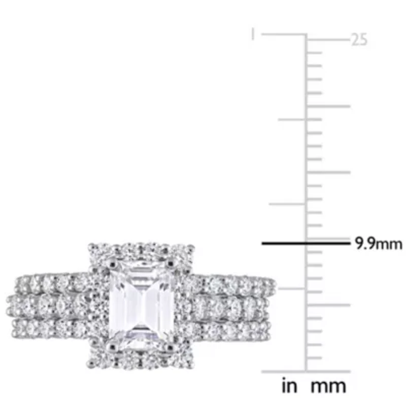 Lab Created Moissanite Square Halo Bridal Ring Set Sterling Silver
