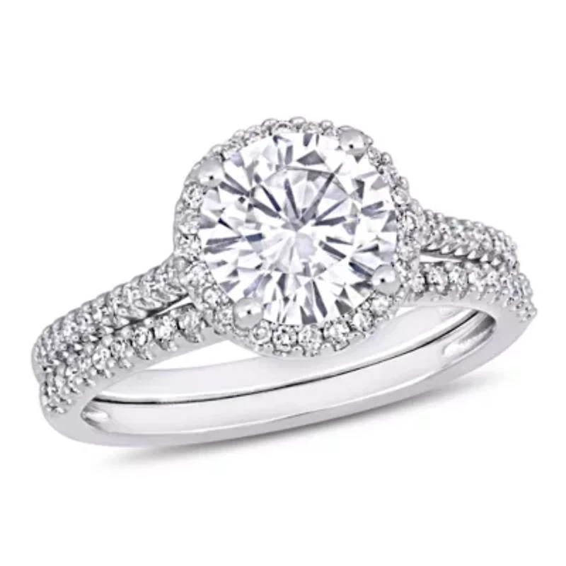 Lab Created Round-Cut Moissanite and 1/3 CT TW Diamond Bridal Set 14k White Gold