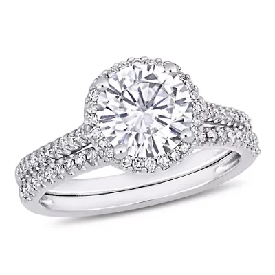 Lab Created Round-Cut Moissanite and 1/3 CT TW Diamond Bridal Set 14k White Gold