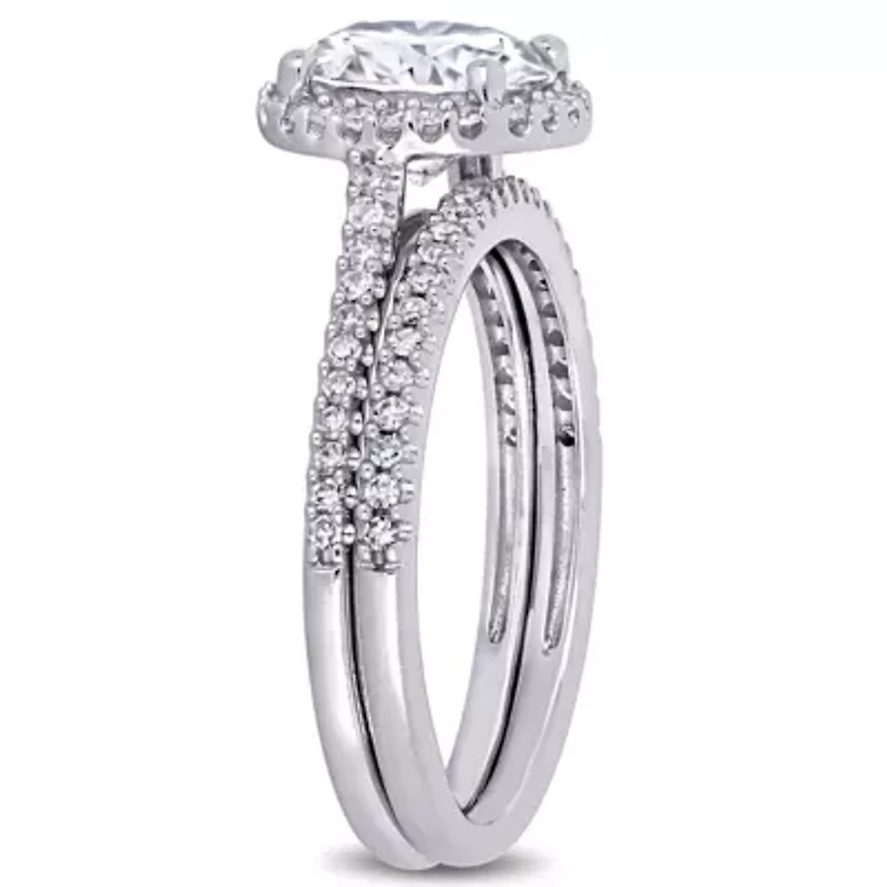 Lab Created Round-Cut Moissanite and 1/3 CT TW Diamond Bridal Set 14k White Gold
