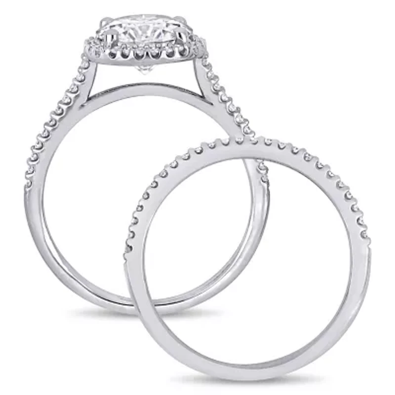 Lab Created Round-Cut Moissanite and 1/3 CT TW Diamond Bridal Set 14k White Gold