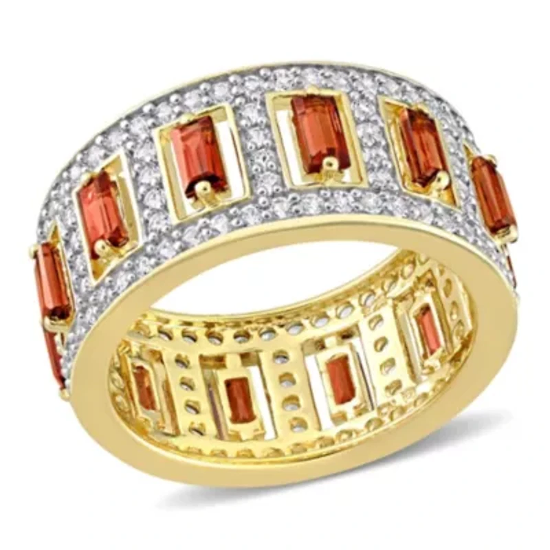 Baguette Garnet and White Topaz Eternity Ring Yellow Plated Sterling Silver