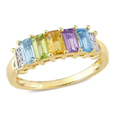 Baguette Sky-Blue Topaz Peridot Citrine Rose de France Swiss-Blue White Engagement Ring Yellow Plated Sterling Silver