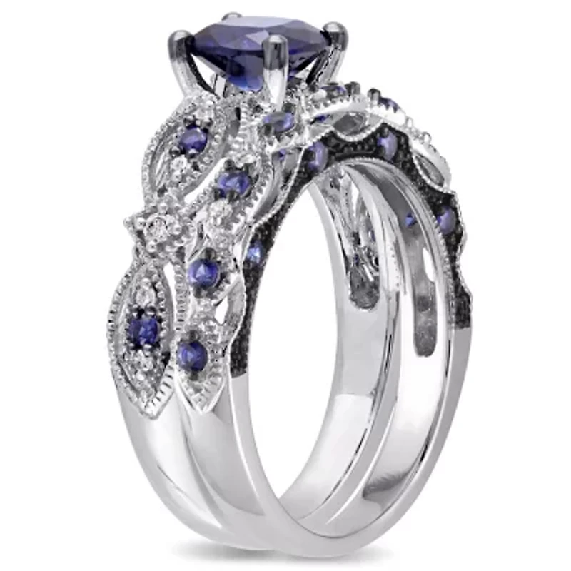 2 ct. t.g.w. Created Blue Sapphire and 1/10 t.w. Diamond Engagement Ring 10K White Gold with Black Rhodium Plated