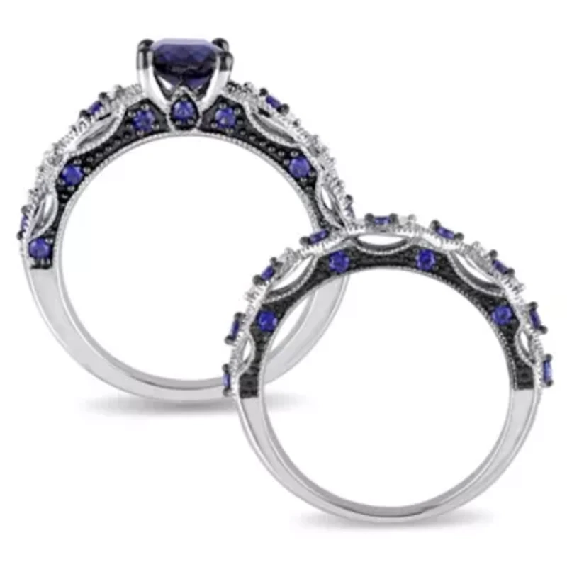 2 ct. t.g.w. Created Blue Sapphire and 1/10 t.w. Diamond Engagement Ring 10K White Gold with Black Rhodium Plated