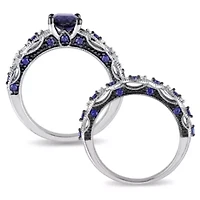 2 ct. t.g.w. Created Blue Sapphire and 1/10 t.w. Diamond Engagement Ring 10K White Gold with Black Rhodium Plated