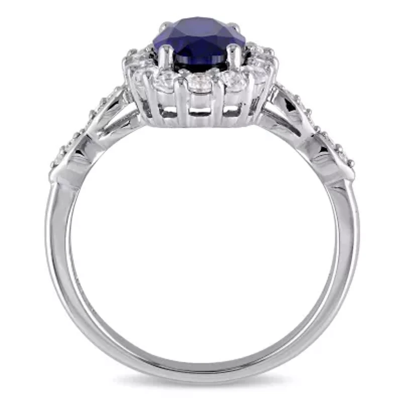 2.63 ct. t.g.w. Created Blue Sapphire, White Topaz and 1/10 t.w. Diamond Halo Ring 14K Gold