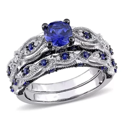 1.71 ct. t.g.w. Created Blue Sapphire and 1/10 t.w. Diamond Bridal Ring Set 10K White Gold Black Rhodium Plated
