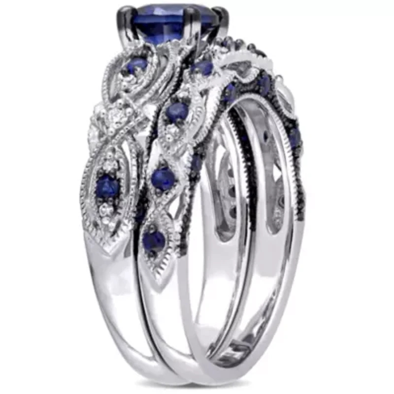1.71 ct. t.g.w. Created Blue Sapphire and 1/10 t.w. Diamond Bridal Ring Set 10K White Gold Black Rhodium Plated