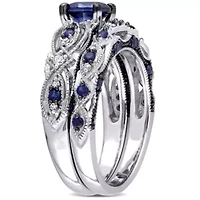 1.71 ct. t.g.w. Created Blue Sapphire and 1/10 t.w. Diamond Bridal Ring Set 10K White Gold Black Rhodium Plated