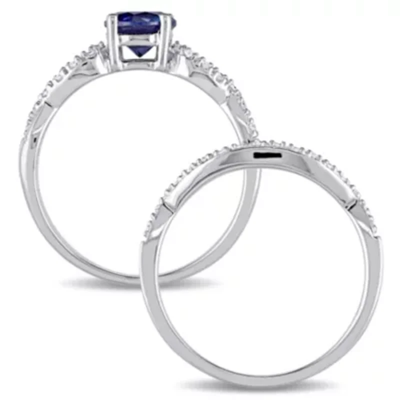 1 ct. t.g.w. Created Blue Sapphire and 1/6 t.w. Diamond Bridal Ring Set 10K White Gold