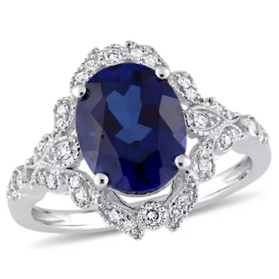4.16 ct. t.g.w. Created Blue Sapphire and 1/5 t.w. Diamond Cocktail Ring 10K White Gold