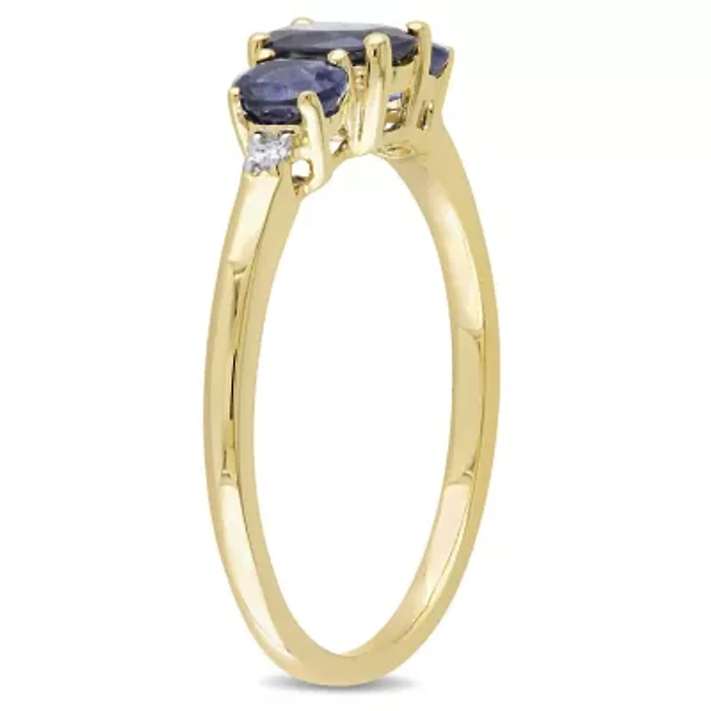 1 ct. t.g.w. Blue Sapphire and 1/10 t.w. Diamond 3-Stone Ring 10K Yellow Gold