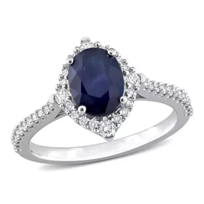 1.6 ct. t.g.w. Blue Sapphire and 1/3 t.w. Diamond Halo Engagement Ring 14K White Gold