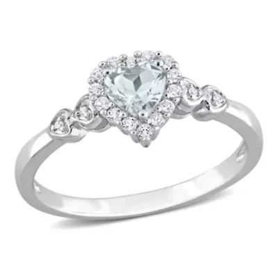 1/2 ct. t.g.w. Aquamarine, White Topaz and 1/10 t.w. Diamond Halo Heart Ring Sterling Silver
