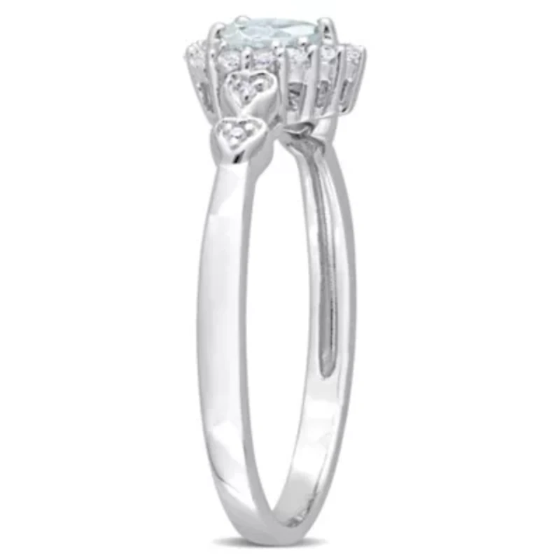 1/2 ct. t.g.w. Aquamarine, White Topaz and 1/10 t.w. Diamond Halo Heart Ring Sterling Silver