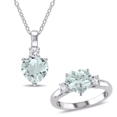 Lab Created 2-Piece Set of 3.45 ct. t.g.w. Aquamarine and White Sapphire Pendant with Chain Ring Sterling Silver