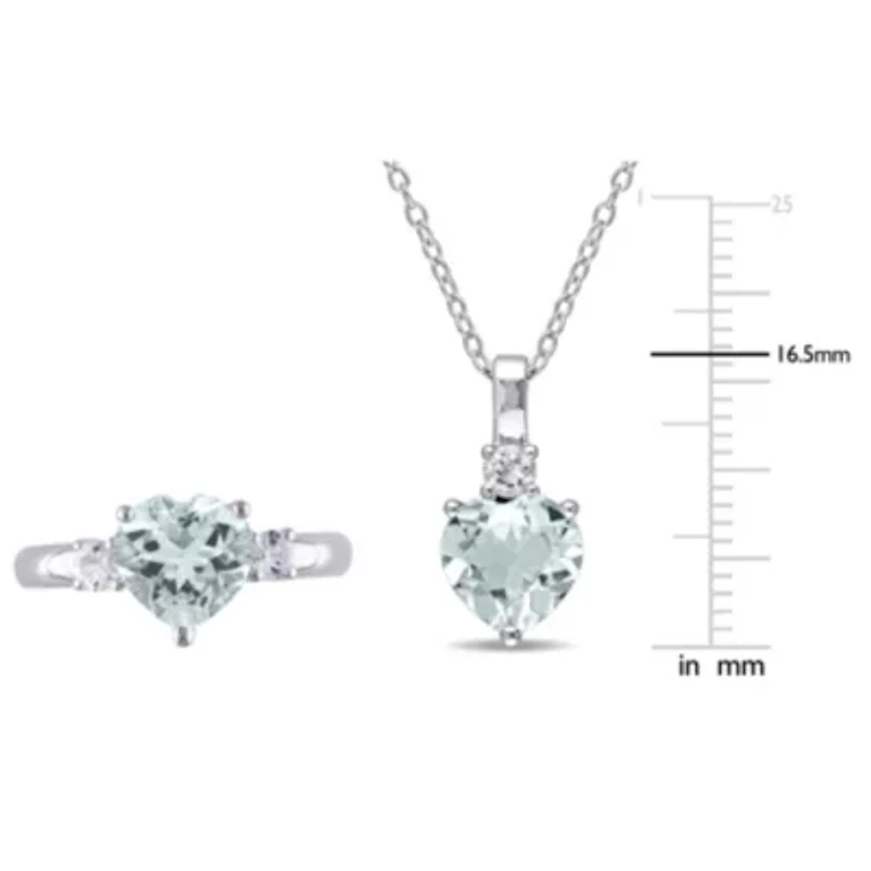 Lab Created 2-Piece Set of 3.45 ct. t.g.w. Aquamarine and White Sapphire Pendant with Chain Ring Sterling Silver