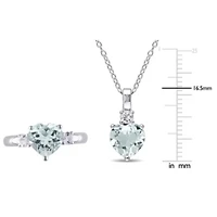 Lab Created 2-Piece Set of 3.45 ct. t.g.w. Aquamarine and White Sapphire Pendant with Chain Ring Sterling Silver