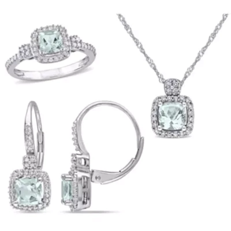 3- Piece Set of 2.1 ct. t.g.w. Aquamarine and 1/2 t.w. Diamond Earrings, Pendant with Chain Ring 10K White Gold