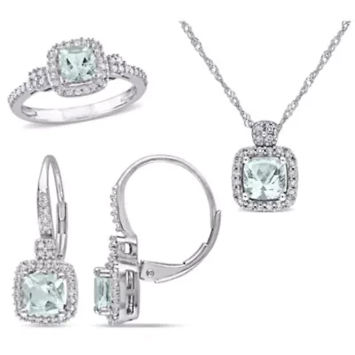 3- Piece Set of 2.1 ct. t.g.w. Aquamarine and 1/2 t.w. Diamond Earrings, Pendant with Chain Ring 10K White Gold