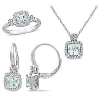 3- Piece Set of 2.1 ct. t.g.w. Aquamarine and 1/2 t.w. Diamond Earrings, Pendant with Chain Ring 10K White Gold