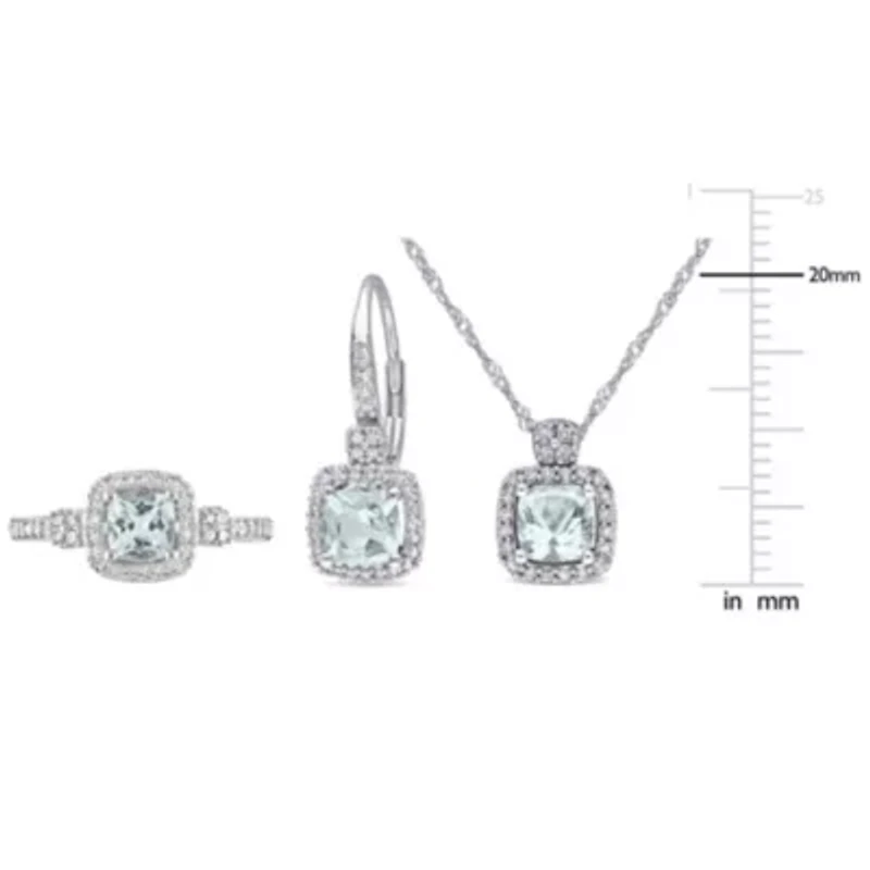 3- Piece Set of 2.1 ct. t.g.w. Aquamarine and 1/2 t.w. Diamond Earrings, Pendant with Chain Ring 10K White Gold