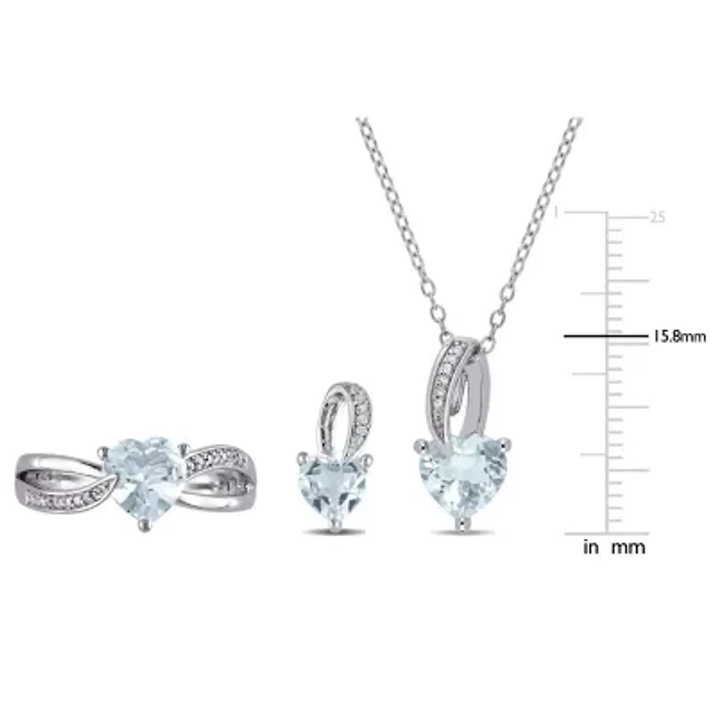 3-Piece Set of 4.3 ct. t.g.w. Aquamarine and 1/10 t.w. Diamond Earrings, Pendant with Chain Ring Sterling Silver