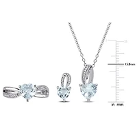3-Piece Set of 4.3 ct. t.g.w. Aquamarine and 1/10 t.w. Diamond Earrings, Pendant with Chain Ring Sterling Silver