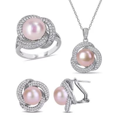 3-Piece Set of 9-10.5MM Pink Freshwater Cultured Pearl and 3.07 ct. t.g.w. Cubic Zirconia Ring, Earrings Pendant with Chain Sterling Silver