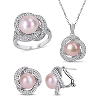 3-Piece Set of 9-10.5MM Pink Freshwater Cultured Pearl and 3.07 ct. t.g.w. Cubic Zirconia Ring, Earrings Pendant with Chain Sterling Silver