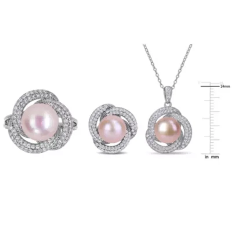 3-Piece Set of 9-10.5MM Pink Freshwater Cultured Pearl and 3.07 ct. t.g.w. Cubic Zirconia Ring, Earrings Pendant with Chain Sterling Silver