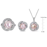 3-Piece Set of 9-10.5MM Pink Freshwater Cultured Pearl and 3.07 ct. t.g.w. Cubic Zirconia Ring, Earrings Pendant with Chain Sterling Silver