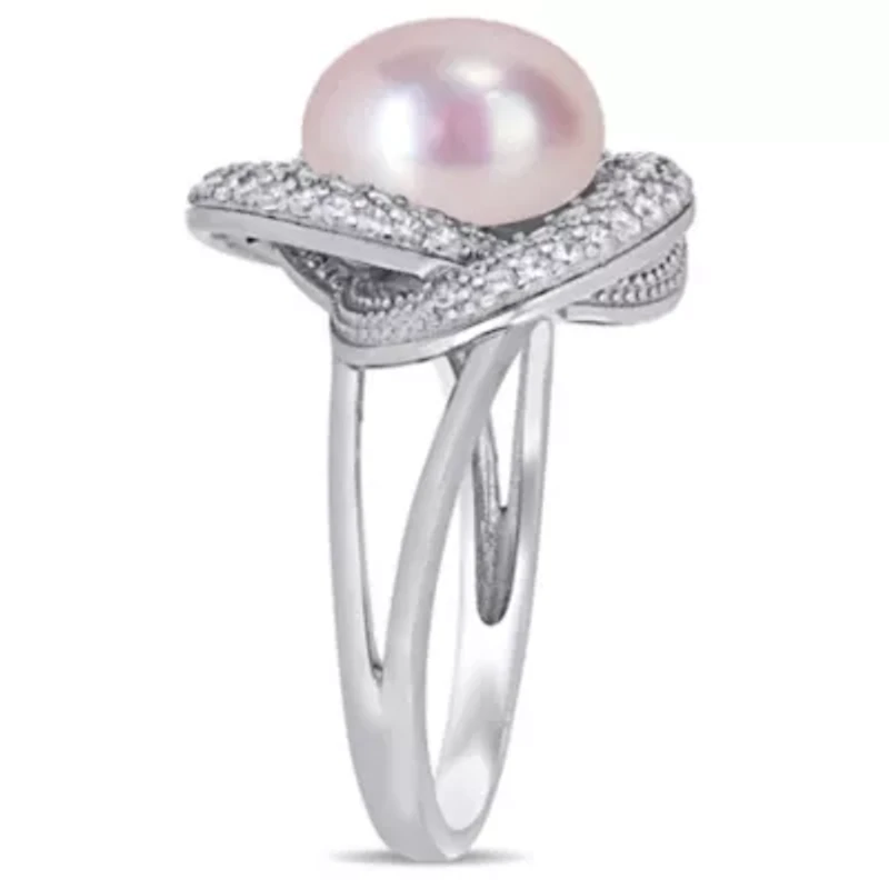 3-Piece Set of 9-10.5MM Pink Freshwater Cultured Pearl and 3.07 ct. t.g.w. Cubic Zirconia Ring, Earrings Pendant with Chain Sterling Silver