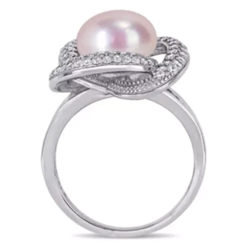 3-Piece Set of 9-10.5MM Pink Freshwater Cultured Pearl and 3.07 ct. t.g.w. Cubic Zirconia Ring, Earrings Pendant with Chain Sterling Silver