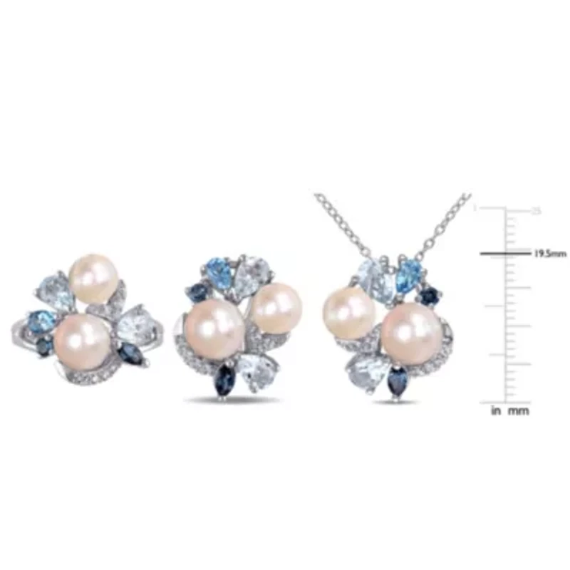 3-Piece of 6.5-8MM Freshwater Cultured Pearl and 6.44 ct. t.g.w. Created White Sapphire, Sky, Swiss London Blue Topaz Ring, Earrings Pendant with Chain Sterling Silver