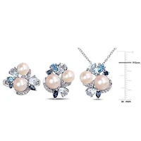 3-Piece of 6.5-8MM Freshwater Cultured Pearl and 6.44 ct. t.g.w. Created White Sapphire, Sky, Swiss London Blue Topaz Ring, Earrings Pendant with Chain Sterling Silver