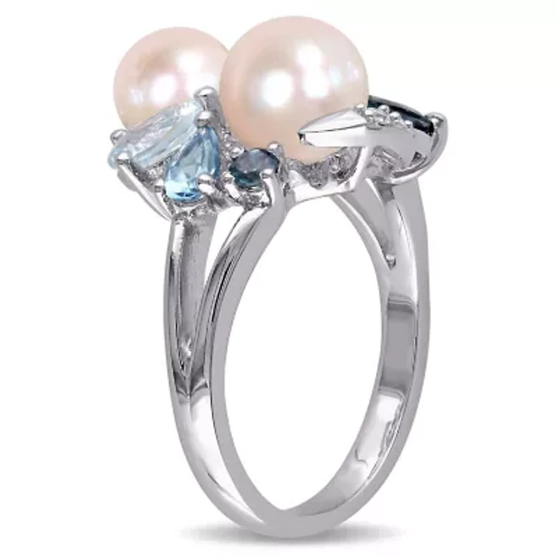 3-Piece of 6.5-8MM Freshwater Cultured Pearl and 6.44 ct. t.g.w. Created White Sapphire, Sky, Swiss London Blue Topaz Ring, Earrings Pendant with Chain Sterling Silver
