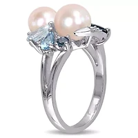 3-Piece of 6.5-8MM Freshwater Cultured Pearl and 6.44 ct. t.g.w. Created White Sapphire, Sky, Swiss London Blue Topaz Ring, Earrings Pendant with Chain Sterling Silver
