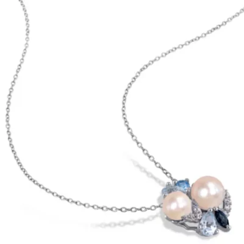 3-Piece of 6.5-8MM Freshwater Cultured Pearl and 6.44 ct. t.g.w. Created White Sapphire, Sky, Swiss London Blue Topaz Ring, Earrings Pendant with Chain Sterling Silver