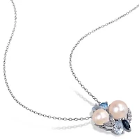 3-Piece of 6.5-8MM Freshwater Cultured Pearl and 6.44 ct. t.g.w. Created White Sapphire, Sky, Swiss London Blue Topaz Ring, Earrings Pendant with Chain Sterling Silver