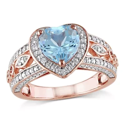 2 ct. t.g.w. Sky Blue Topaz and 1/10 t.w. Diamond Heart Ring Rose Plated Sterling Silver